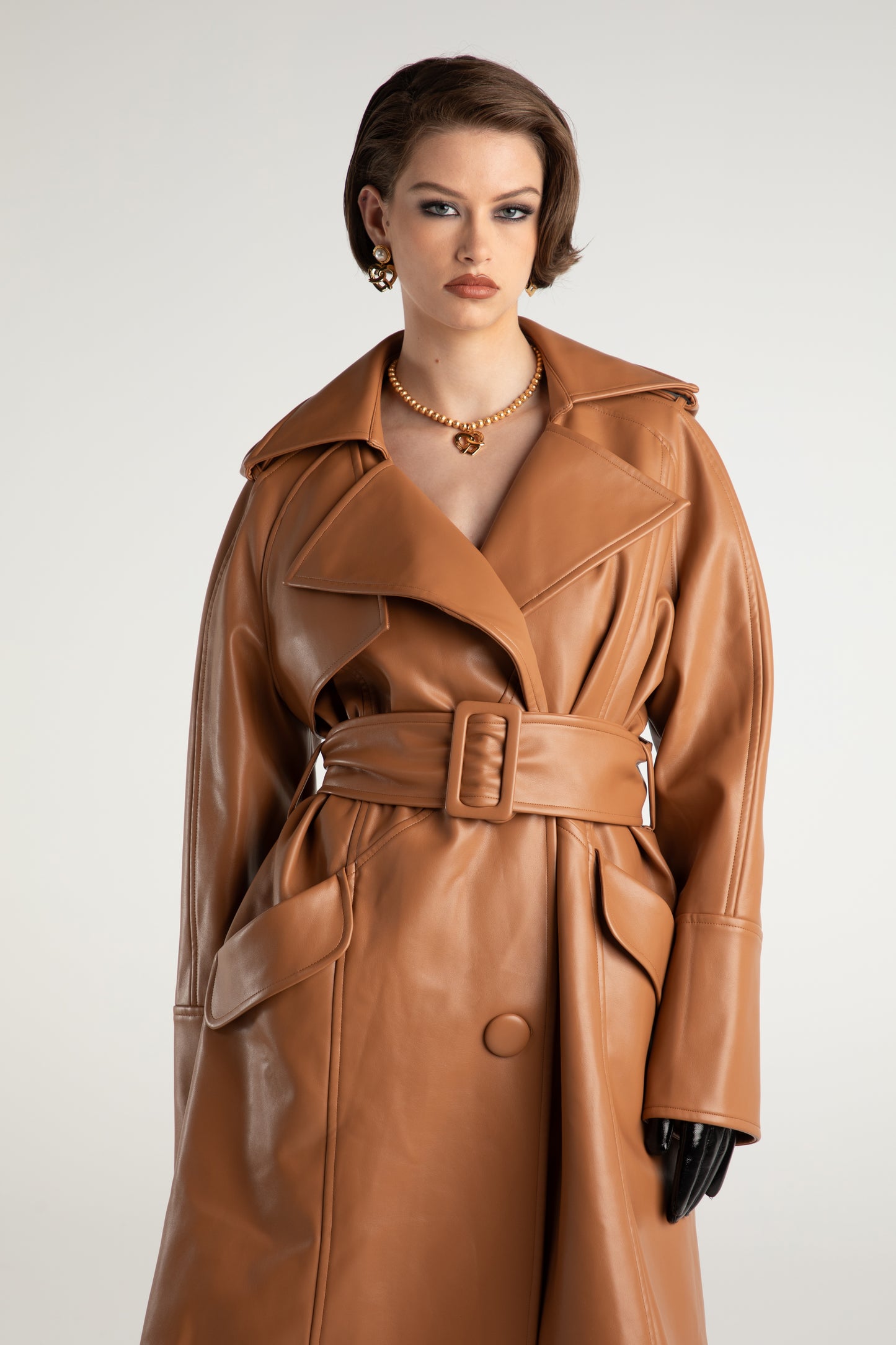 Keira Leather Trench Coat (Brown) (Final Sale)