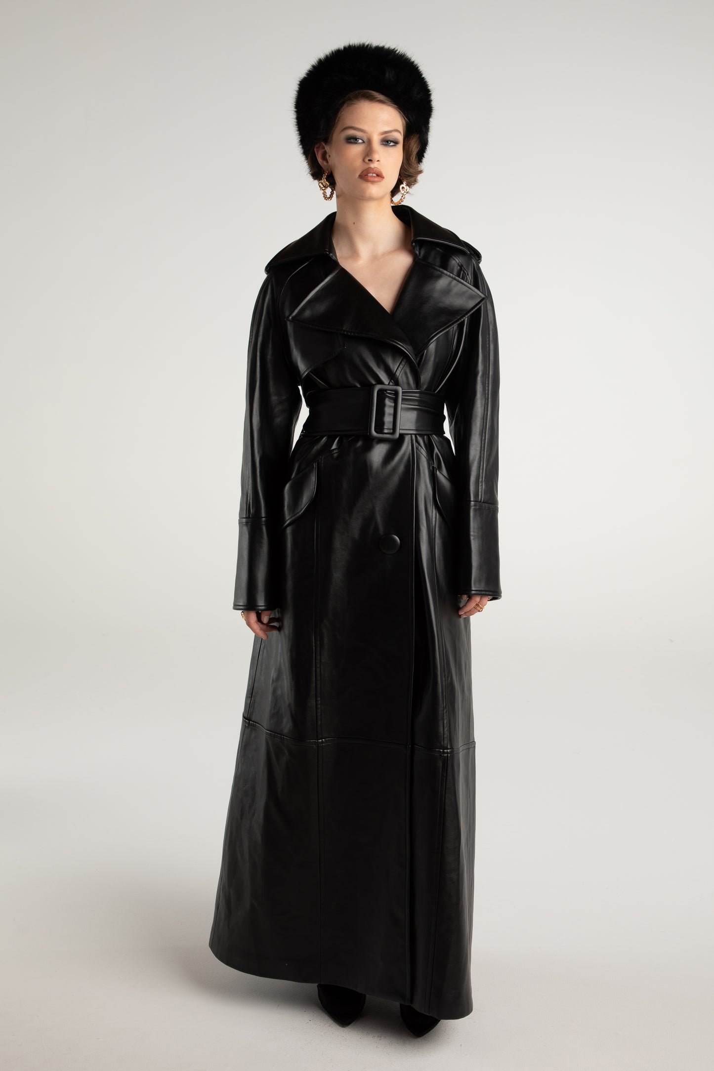 Cara Leather Trench Coat (Black)