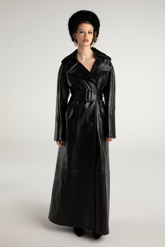 Cara Leather Trench Coat (Black)