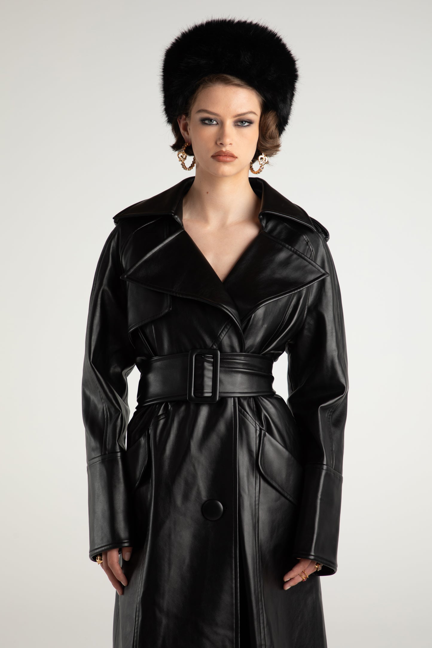 Cara Leather Trench Coat (Black)