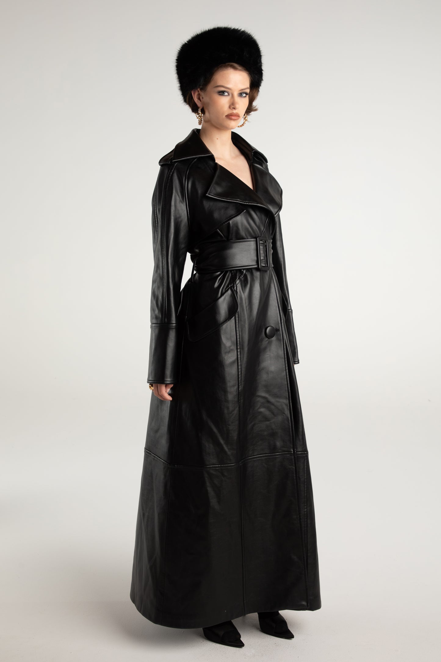 Cara Leather Trench Coat (Black)