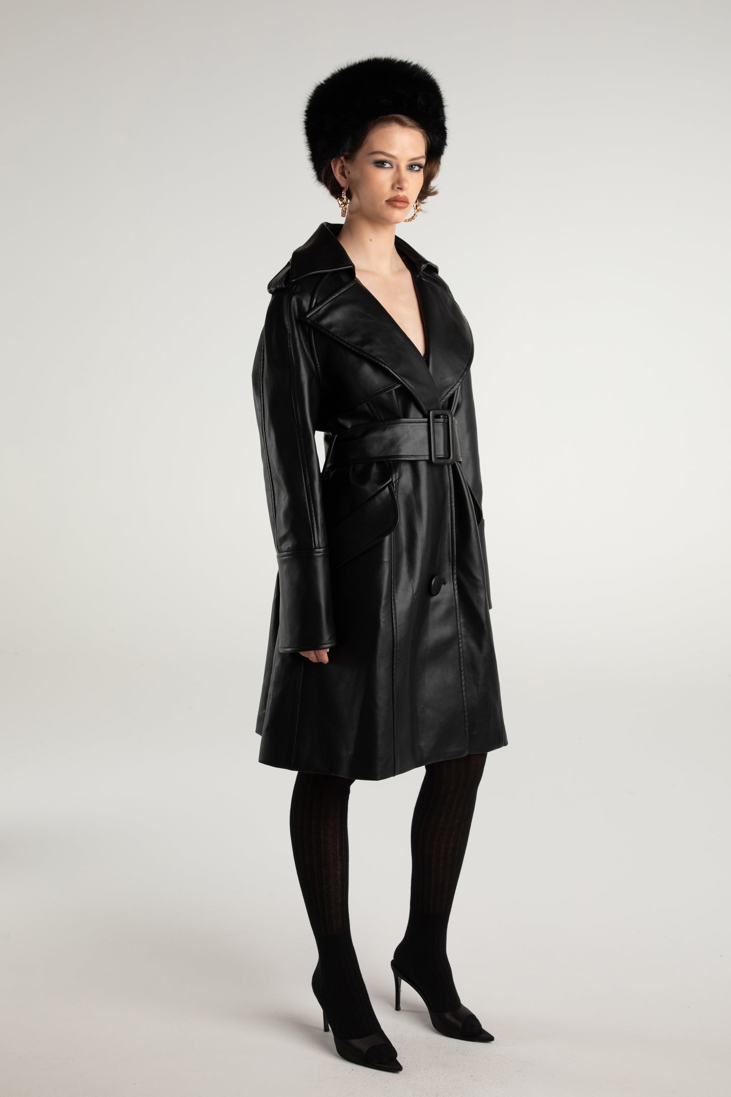 Keira Leather Trench Coat (Black) (Final Sale)