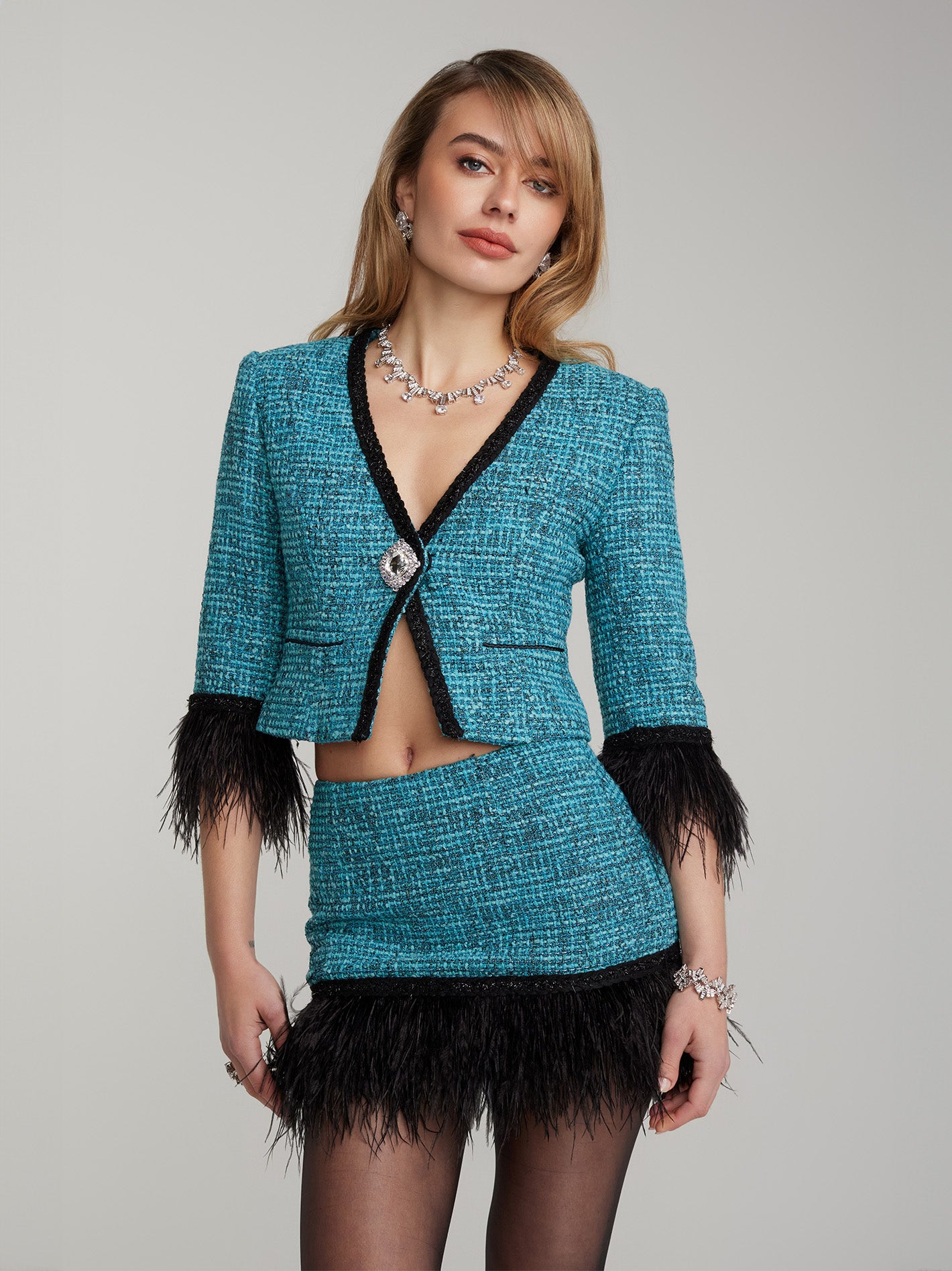 Daphne Feather Tweed Coat (Blue)