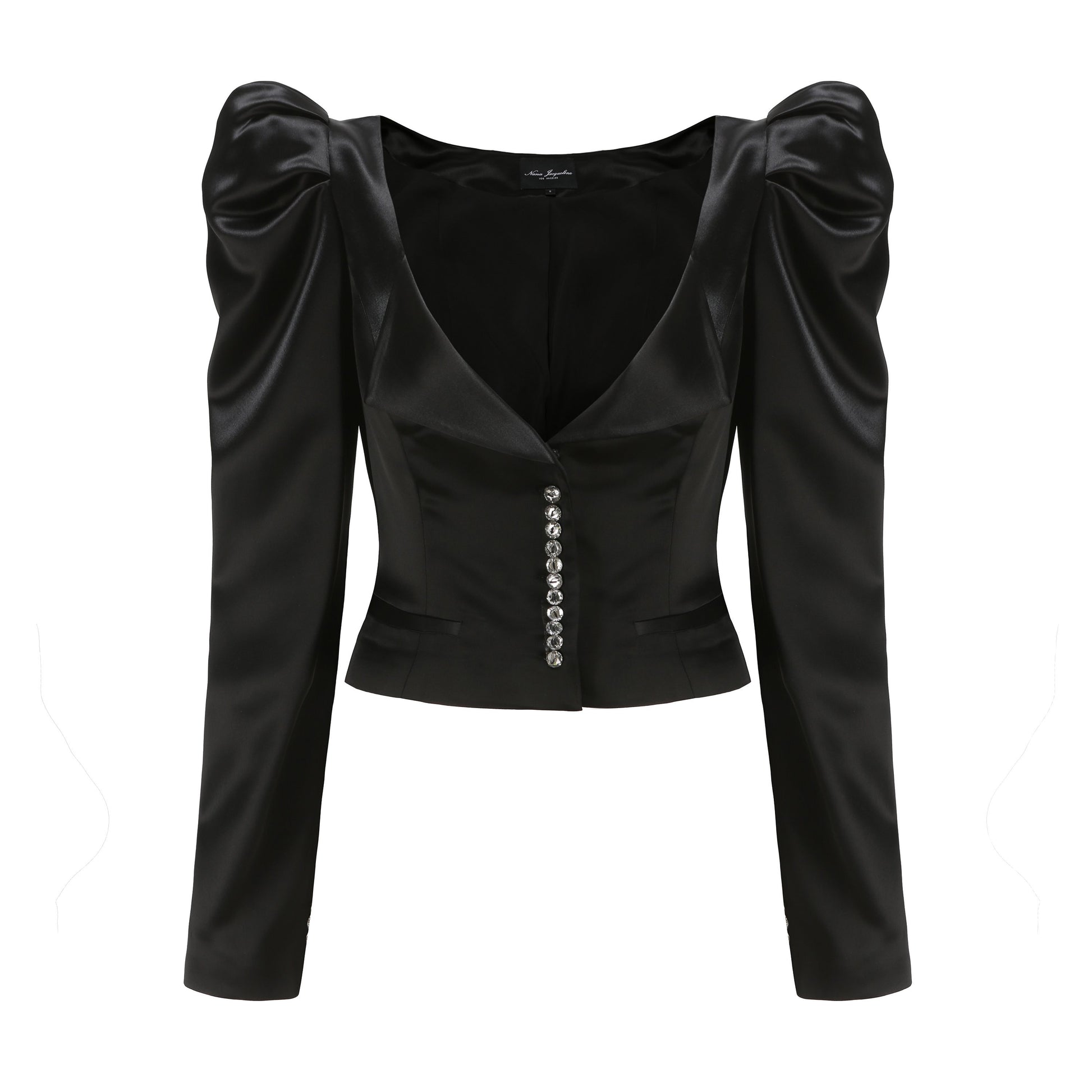 Black Jaylene Satin Shirt with Puff Sleeves - Nana Jacqueline