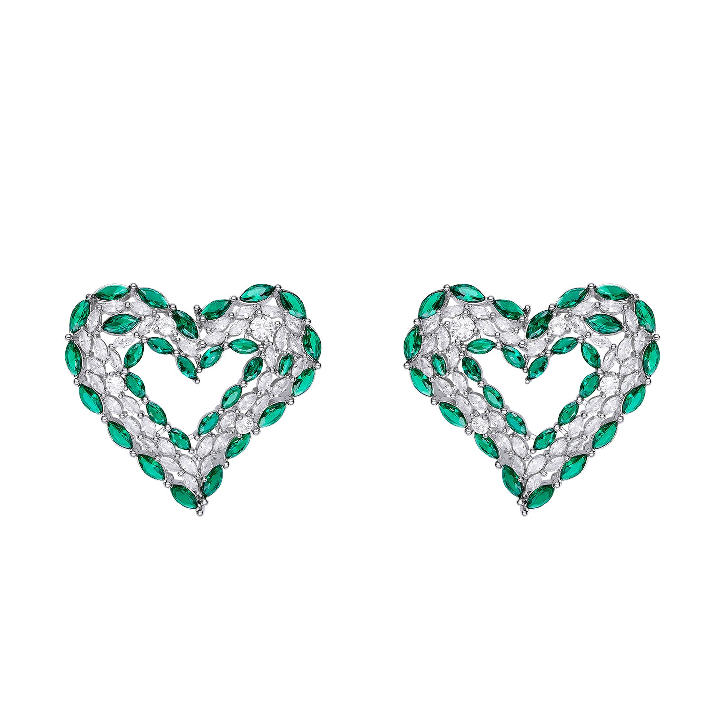 green Crystal-embellished heart earrings with emerald accents.