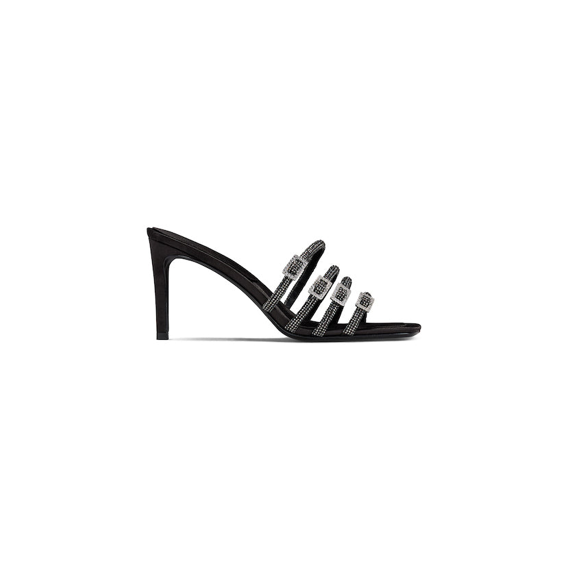 black sandals with 4 black straps, each featuring rhinestone details and chic buckles.